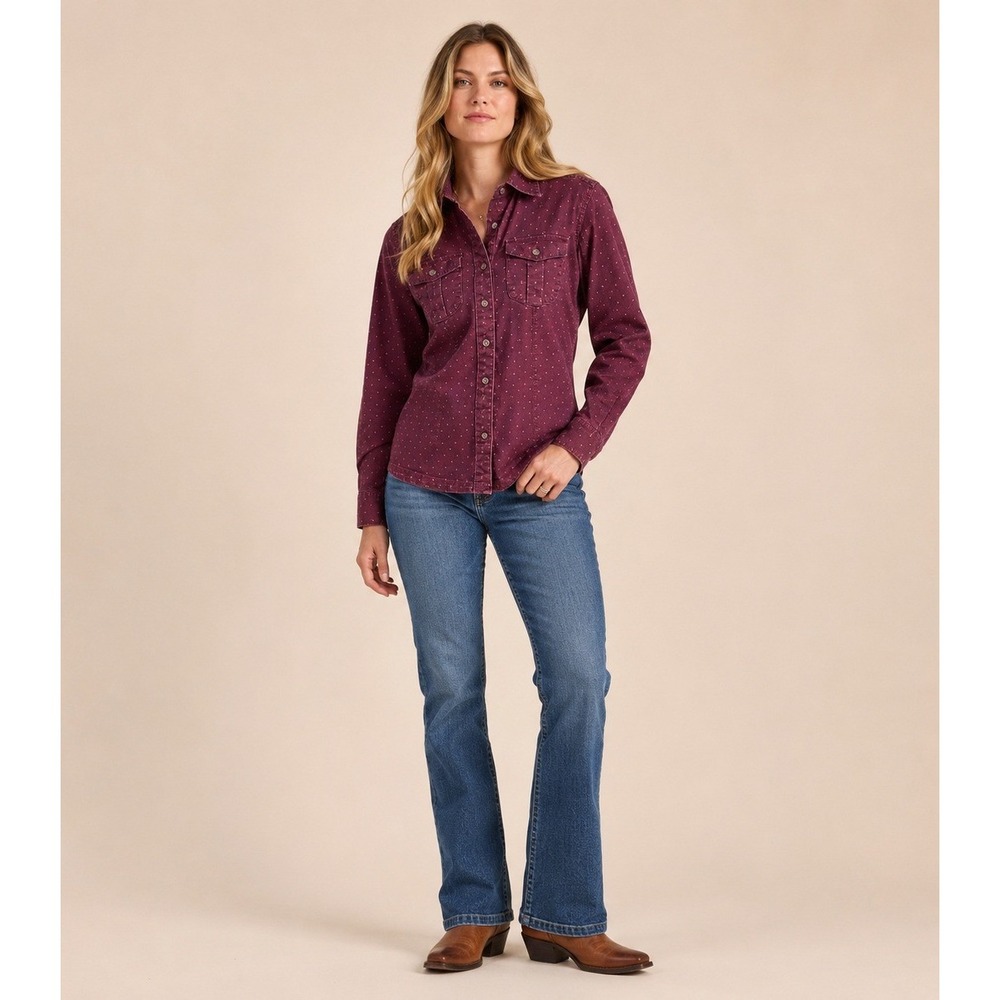 Duluth Trading Co Button Front Shirt Womens Small Purple Cotton Star Print
